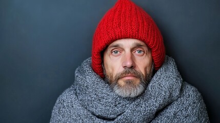 Middle aged man wearing red hat and grey scarf poses against a dark background, looking directly at the viewer.