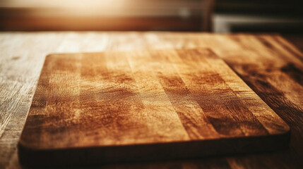Warm wooden cutting board on a rustic kitchen table.