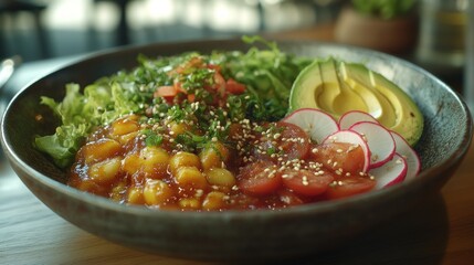 Vibrant bowl with mixed greens, avocado, tomatoes, radish, and beans