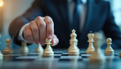 Businessman moves pawn chess piece, strategic business plan. Corporate strategy, finance, investment concept. Business man decision making, leadership, success, achievement. Planning, management,