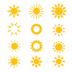 Sun icon set. Yellow sun icons. Shine sun ray set. Sunset icon collection. Yellow sun star icons. Vector illustration
