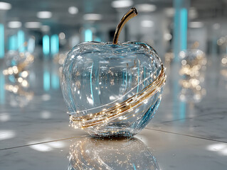 Chrome-plated apple sculpture on reflective surface, laser-etched data lines, soft cyan lighting, sterile lab setting, glass, gold accents, mirrored finish, glossy, angle composition, s - AI-Generated