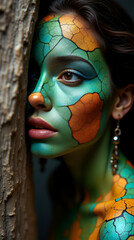 Mystical Portrait: A stunning woman with an artistic visage, skin adorned with an intricate mosaic design, stands posed, and embodying both grace and mystique. 