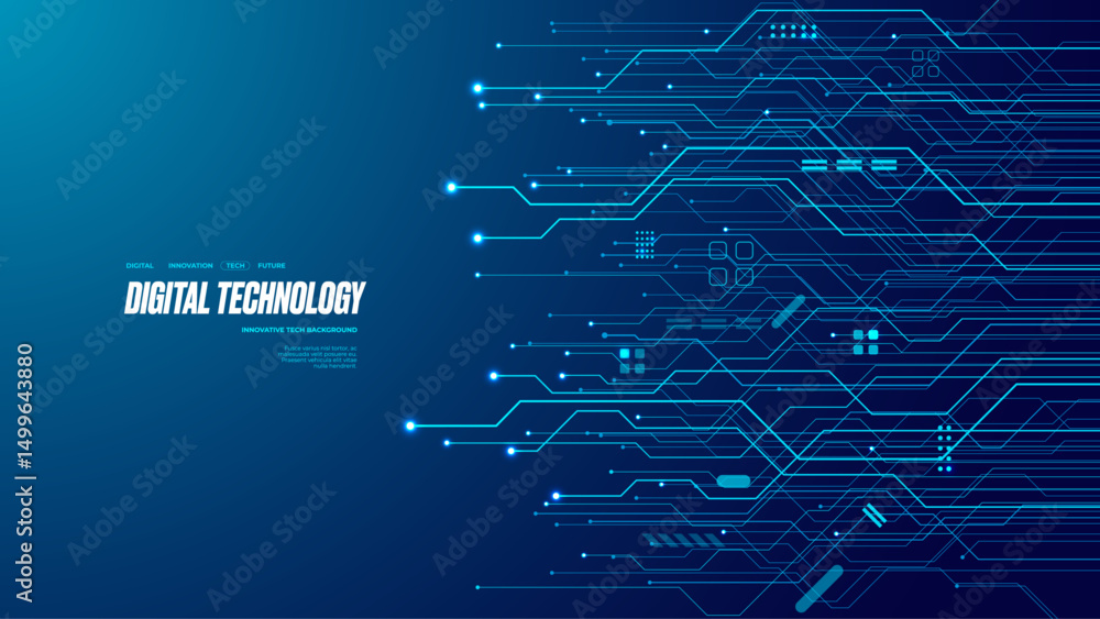 Poster Abstract technology blue circuit board texture or pattern. Web background design with text. Futuristic blue circuit board on tech bg. AI innovation concept. Light blue connected dots and lines. Vector