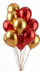 Group golden, red balloons isolated on white background. Festive decoration for celebration, birthday party, New Year, anniversary, wedding or event. Holiday surprise gift with helium air balloons.