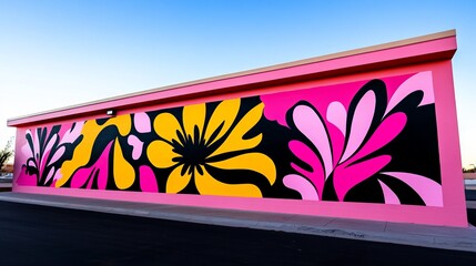 Painted floral mural adorns the exterior pink wall of a building under a clear sky.