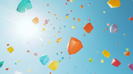 Colorful lanterns floating in a bright blue sky under warm sunlight.