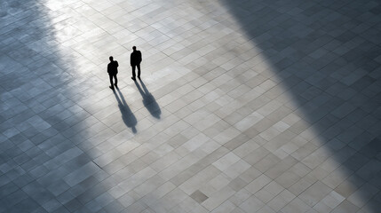 広々とした無機質な空間に立つ二人の男性。その距離感と立ち姿から、信頼と対等な関係性を象徴するビジュアルです。ビジネスや人間関係、パートナーシップの概念を伝えるコンテンツに最適です。