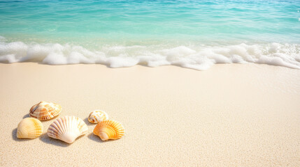 Summer beach background with seashells and gentle waves. Ideal for travel, resort, tourism promotions