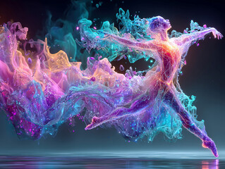 A floating, mid-air LED wireframe dancer in vibrant colors, against a dark backdrop with swirling digital pixel dust The figure is posed dynamically, suggesting movement - AI-Generated