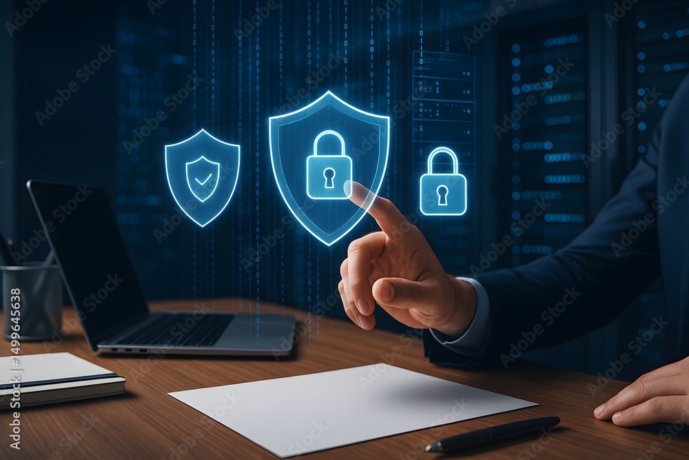 Poster a suited fingertip selects a glowing shield with padlock among floating security icons. concept of c