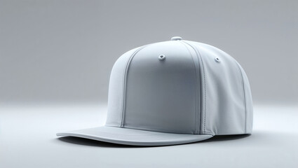 A monochromatic image showcasing a blank white baseball cap against a light gray background studio shot