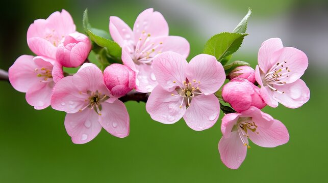 Pink blossoms bloom with water droplets on a thin branch against a blurred green background.