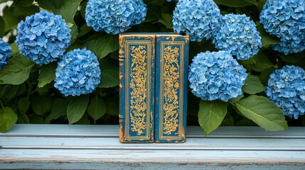 Antique books nestled amongst vibrant blue hydrangeas
