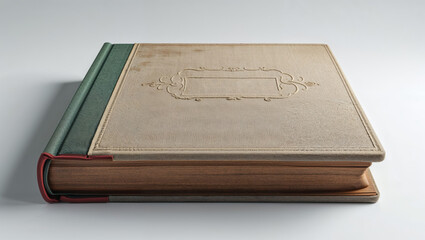 A closed vintage photo album with a green spine on a white surface in a studio setting view from side