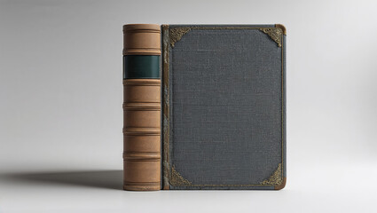 An antique book with a brown spine and a blue cover with ornate corner details on a white background