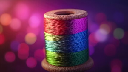 Close-up of a wooden spool of multicolored thread against a blurred background of vibrant bokeh lights