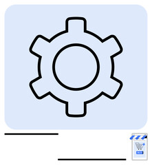 Gear symbol representing customization and settings beside a small shopping cart illustrating online store or purchase concept. Ideal for e-commerce tools, optimization, configuration, business