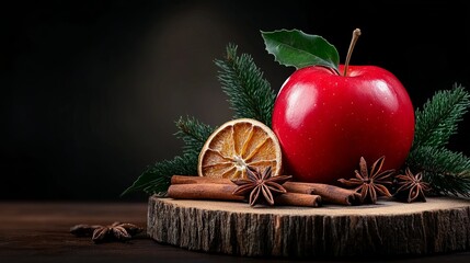 Red apple sits with cinnamon sticks and star anise on a wooden platform against a dark background.
