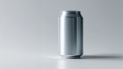 A single aluminum can stands on a white surface against a plain light gray studio background