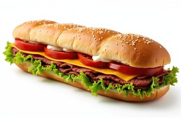 Delicious roast beef submarine sandwich on white background. Fresh sliced tomatoes, cheddar cheese and lettuce inside sesame bun. Classic fast food meal for lunch dinner snack.