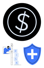 Dollar sign in a black circle, a figure evaluating risks on stacked blocks, and a shield with a plus. Ideal for finance, risk management, wealth planning, insurance, healthcare, safety simple