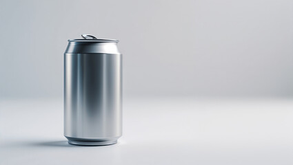 A single silver aluminum can with an open tab sitting on a white surface in a studio setting