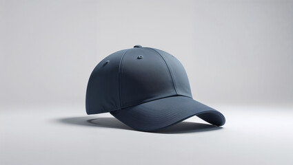 A simple gray baseball cap resting on a white surface with a soft shadow under it in a studio setting