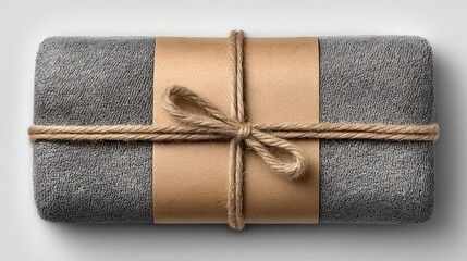 Soft luxury bamboo towel wrapped in eco-friendly kraft paper sleeve, neatly folded grey towel in minimalist modern design for retail display, top-view flat lay with soft lighting and premium look.