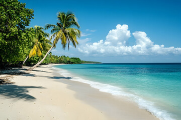 Naklejka premium Tropical beach scene with palm trees and turquoise water.