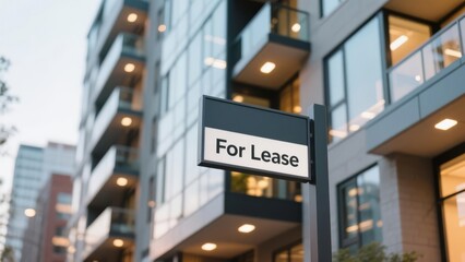 Obraz premium Modern apartment building with for lease sign in focus, urban real estate rental property and commercial space vacancy concept.