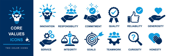 core value icons set including commitment, innovation, responsibility, goal, target, quality, teamwork, service etc. eps icons set