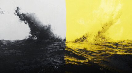 A striking contrast between black-and-white and yellow ocean waves.