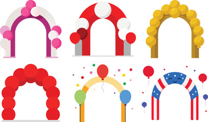 Cartoon colorful balloon arch set, party decoration vector illustration, Festive colorful balloons set. Helium balls for holiday and party event, wedding ceremonies and store opening. Izometric 3d rea