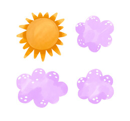 Set of clouds and sun. Hand drawn watercolor collection