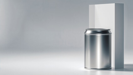 A minimalist still life featuring a silver can and a white block against a gray background