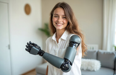 Happy young woman with bionic prosthetic arm smiles at camera. Female with modern artificial limb. Innovative robotic tech, new possibilities for disabled people. Healthcare tech, daily life at home.