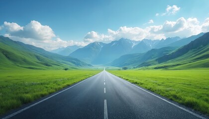 Naklejka premium Empty asphalt road leads between green fields mountains. Under blue sky with fluffy white clouds. Scenic landscape. Trip, travel, journey concept. Nature, travel, freedom, tourism background.