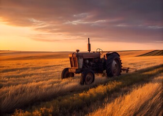 Fototapeta premium old Rusty Tractor in Golden Wheat Field at Sunset