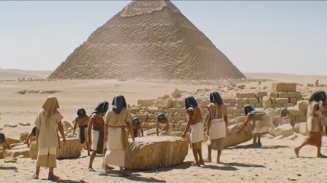 Ancient egyptian workers and pyramid