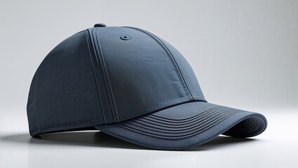 A close up studio shot of a blue baseball cap with a button on top on a white surface backdrop