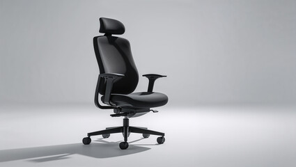 A black ergonomic office chair with headrest and armrests on a white background in a studio setting