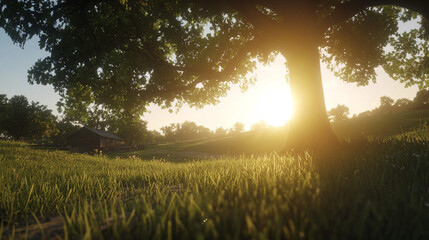 A serene sunset scene with a tree and grass in a peaceful rural landscape.