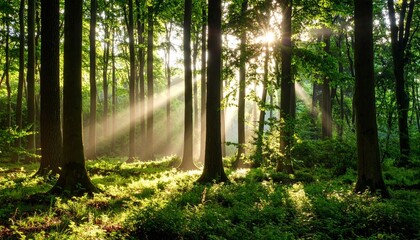 Obraz premium Beautiful rays of sunlight in a green forest