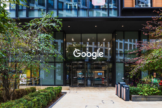 Entrance to Google Corporate Office in London at Pancras Square. London, UK, 1 October 2023