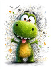 A chubby, messy, scribble-style cartoon T-Rex with flailing arms and a goofy grin is depicted The crocodile character stands upright, tongue out, in a vibrant scene filled with musical - AI-Generated