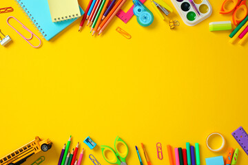 Back to school concept. Frame of colorful stationery on yellow background