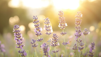 Lavender flowers in soft focus with warm sunlight in the background.
