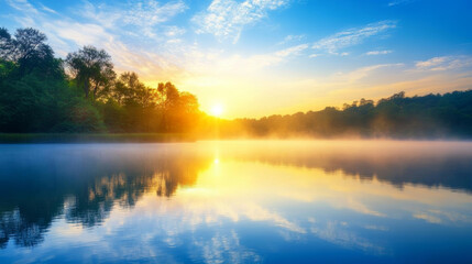 Fototapeta premium Sunrise over tranquil lake with mist and vibrant sky reflecting on water