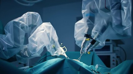 Robotic surgery system performing operation with surgical instruments visible - Powered by Adobe